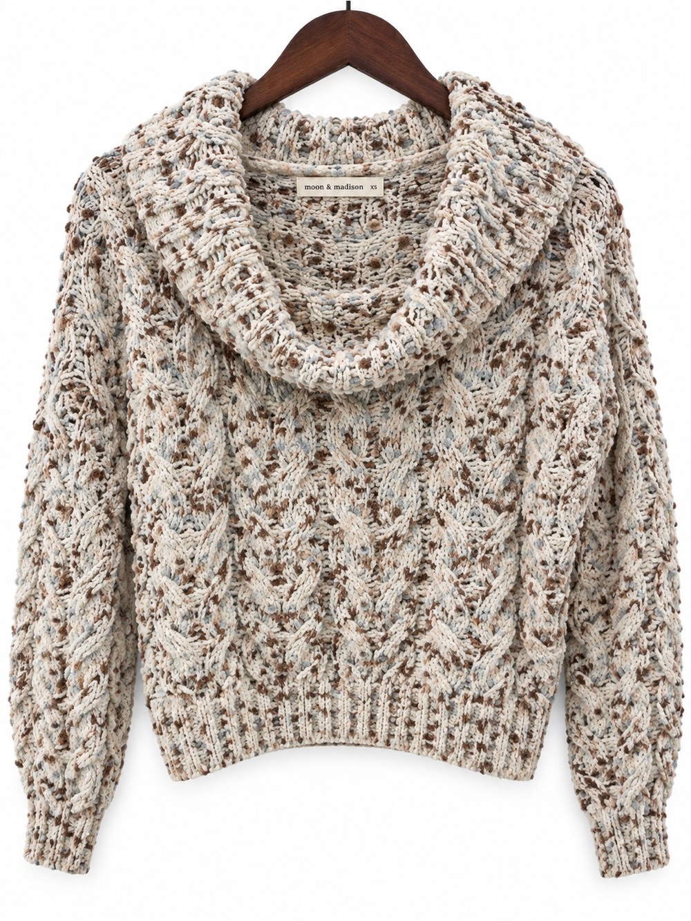 moon & madison Cream and Brown Speckled Cowl Neck Cable Knit Sweater